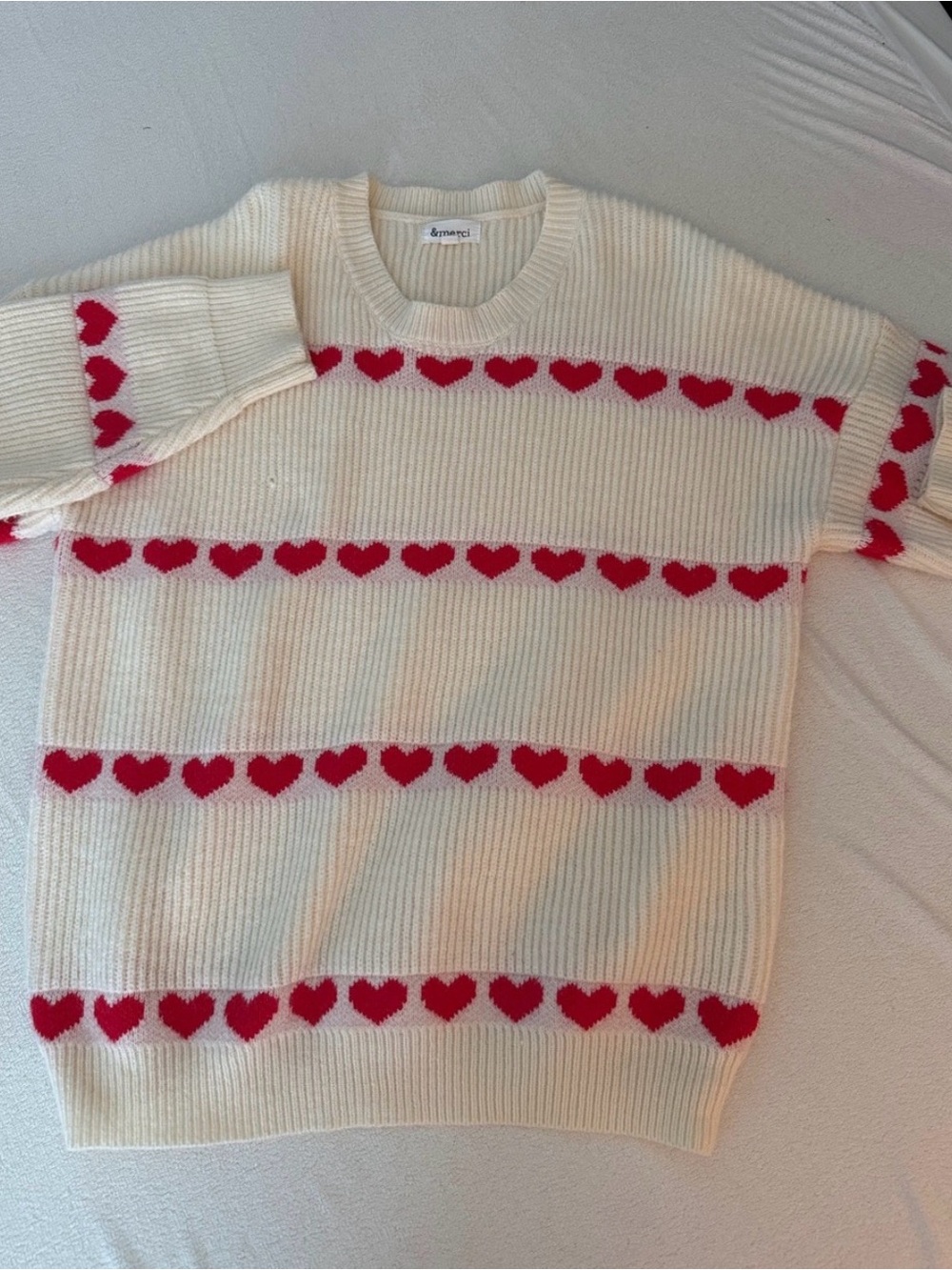 Cream Crewneck Sweater with Red Heart Stripes by & Other Stories